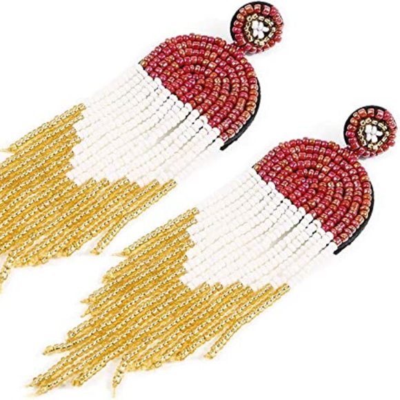4.5" Modern Art Deco Oversized Post Earrings Red White Gold New Beaded - Picture 6 of 9